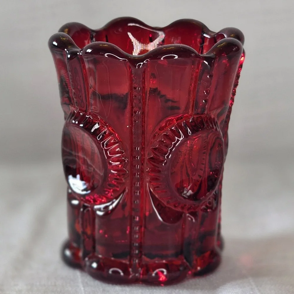 Vintage L G Wright Ruby Red Glass Bullseye Zipper Toothpick Holder.